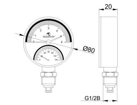 TERMOMANOMETR-TYP:420 TERMOMETR BM-80-2-G1/2B-6-0/120-2-26-10 Z CIŚNIENIOMIERZEM 10-B-80-G1/2B-2,5 - 0/6bar - 4